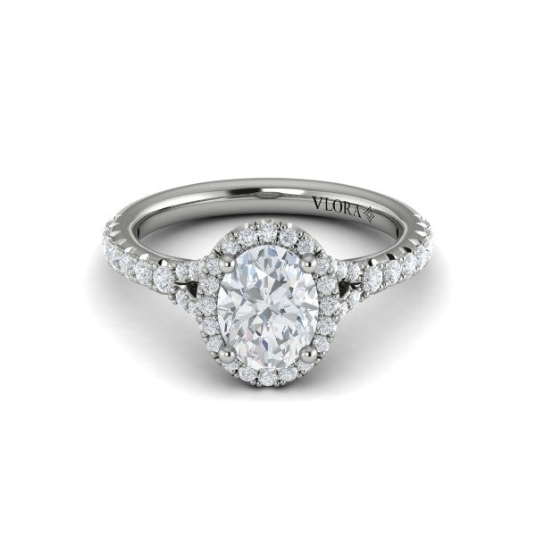 Oval Halo, Split Shank Engagement Ring in Platinum by Vlora Bridal