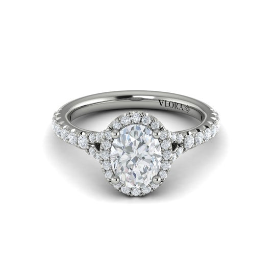 Oval Halo, Split Shank Engagement Ring in Platinum by Vlora Bridal
