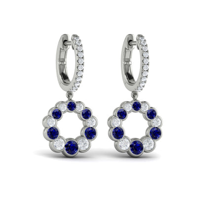 Round Bezel Set Diamond and Sapphire Circle Drop Earring
