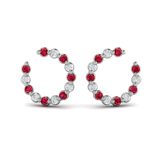 Forward-facing Diamond and Ruby Open Hoop Earrings
