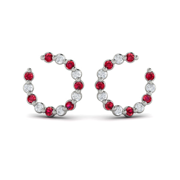 Forward-facing Diamond and Ruby Open Hoop Earrings