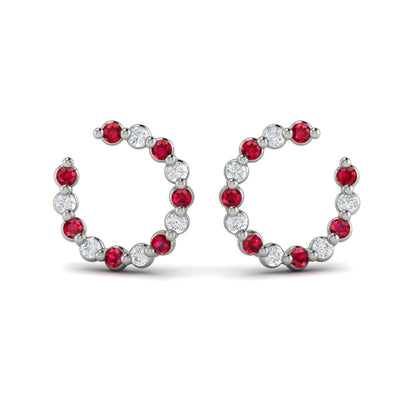 Forward-facing Diamond and Ruby Open Hoop Earrings