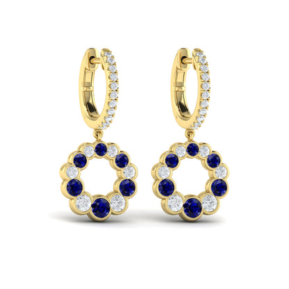 Round Bezel Set Diamond and Sapphire Circle Drop Earring