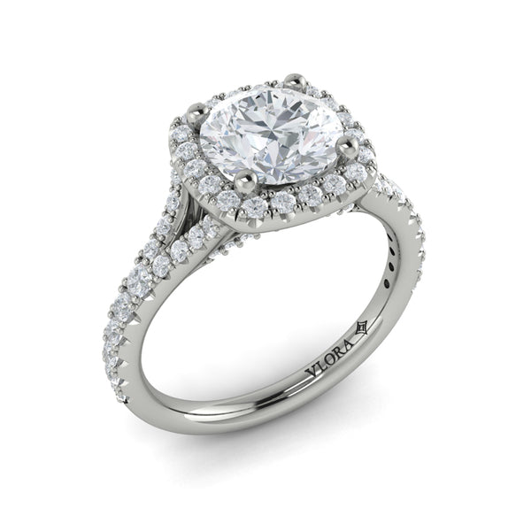 Round Halo, Split Shank Engagement Ring in Platinum by Vlora Bridal