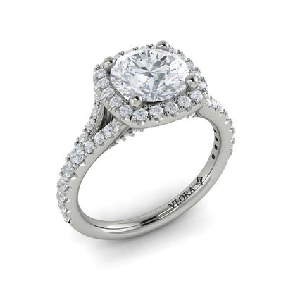 Round Halo, Split Shank Engagement Ring in Platinum by Vlora Bridal