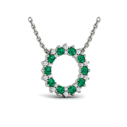 Diamond and Emerald Open Starburst Circle Pendant Necklace