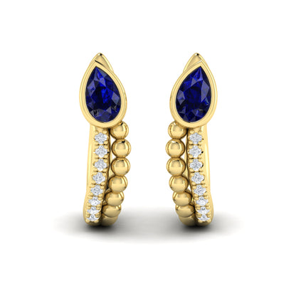 Pear Shaped Bezel Set Sapphire and Diamond Huggie Earrings