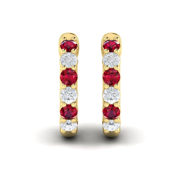 Forward-facing Diamond and Ruby  Open Hoop Earrings