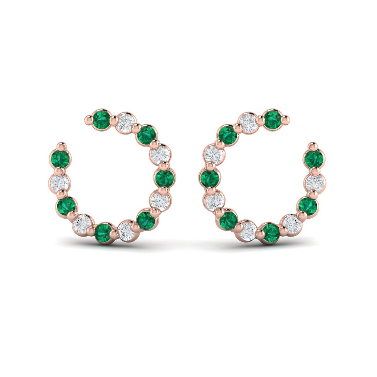 Forward-facing Diamond and Emerald  Open Hoop Earrings