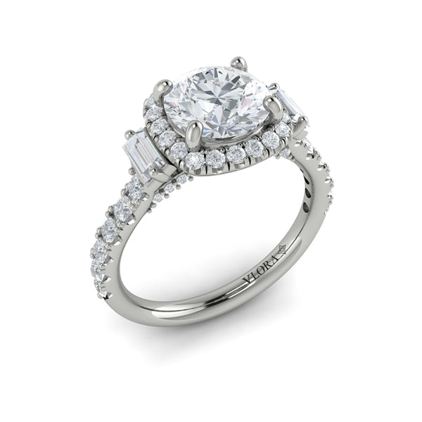 Round Three Stone, Halo Engagement Ring in Platinum by Vlora Bridal