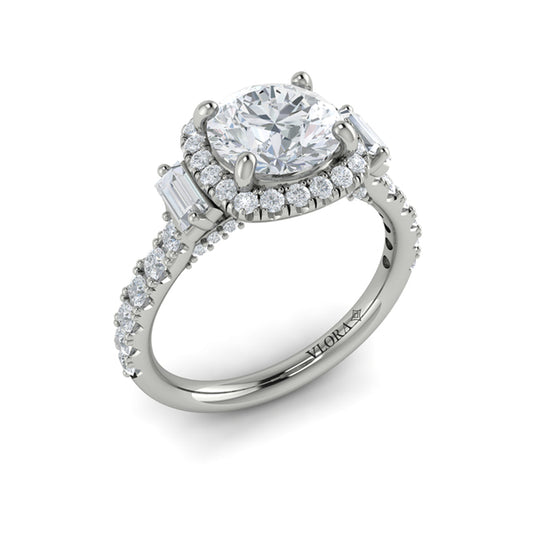 Round Three Stone, Halo Engagement Ring in Platinum by Vlora Bridal