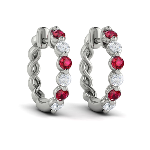 Diamond and Ruby Twist Hoop Earrings
