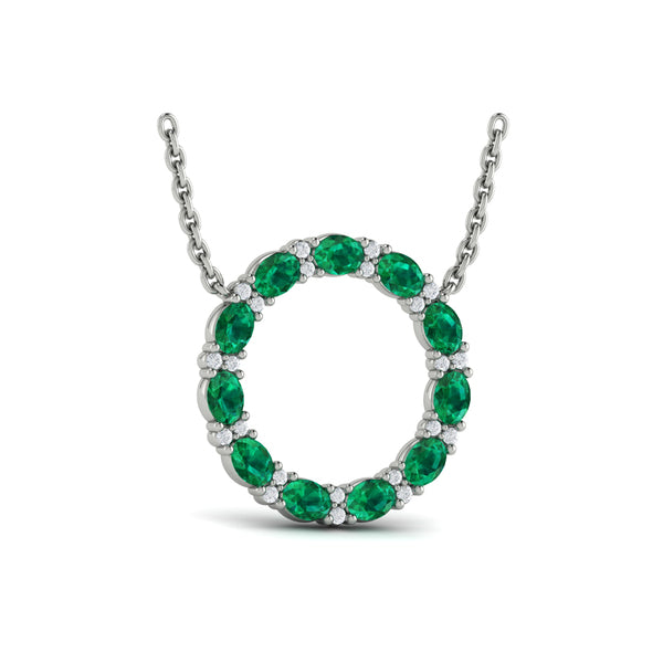 Oval Emerald and Diamond Open Circle Pendant Necklace
