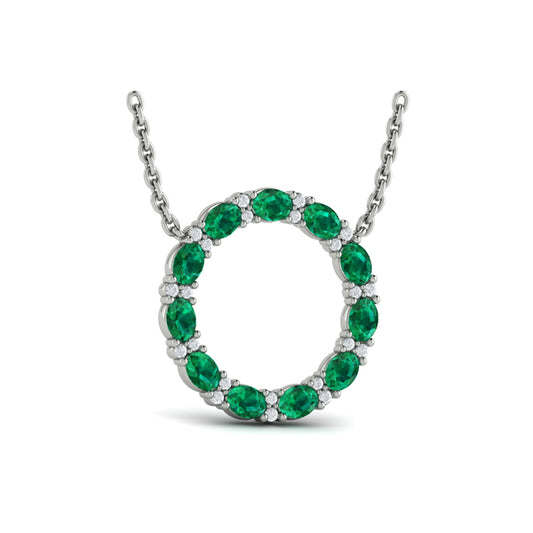 Oval Emerald and Diamond Open Circle Pendant Necklace