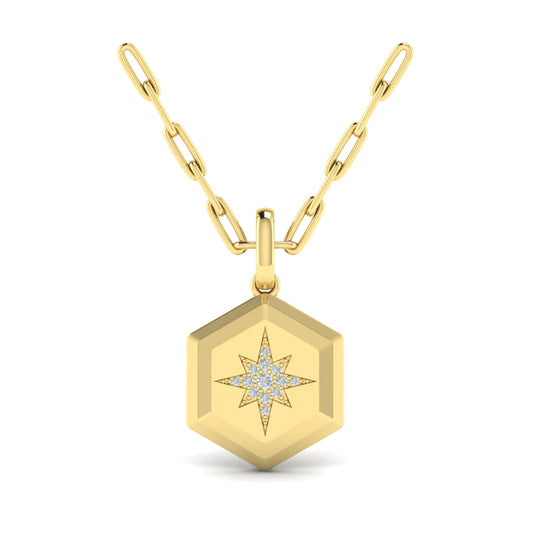 Center Starburst Diamond and Bezel Hexagon Pendant Necklace