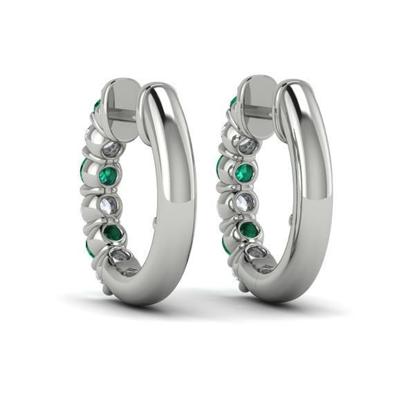 Forward-facing Diamond and Emerald  Open Hoop Earrings