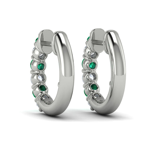 Forward-facing Diamond and Emerald  Open Hoop Earrings