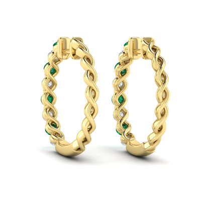 Diamond and Emerald  Twist Hoop Earrings