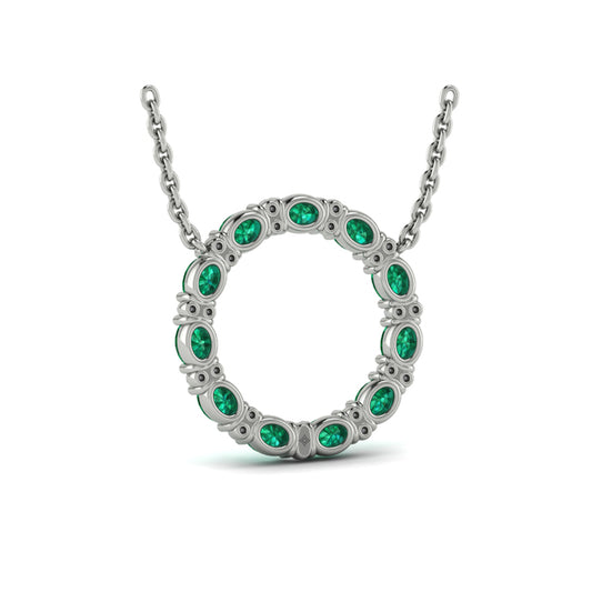 Oval Emerald and Diamond Open Circle Pendant Necklace