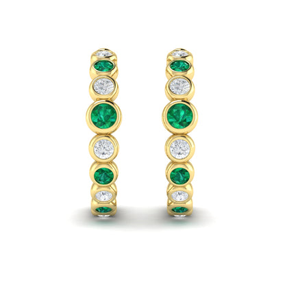 Round Bezel Set Diamond and Emerald Circle Hoop Earring