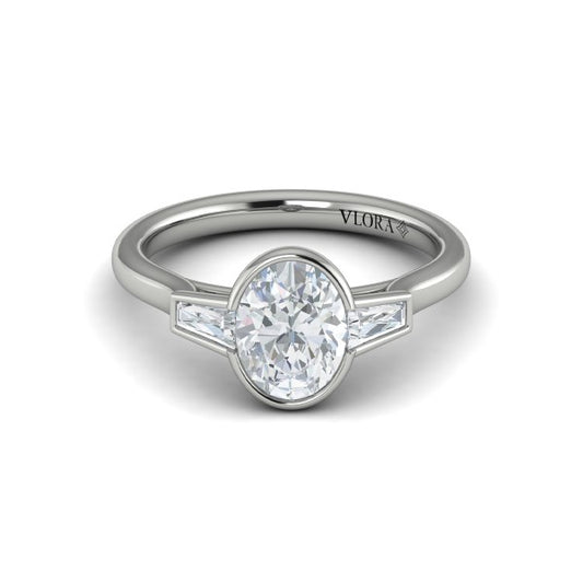 Oval Three Stone, Bezel Engagement Ring in Platinum by Vlora Bridal