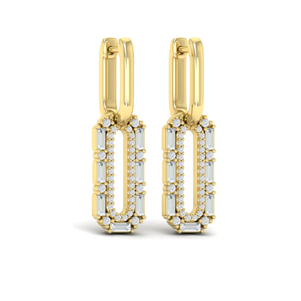 Diamond Baguette Double Row Link Drop Huggie Earrings