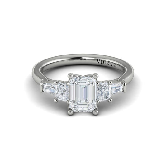 Emerald Cut Classic, Three Stone Engagement Ring in Platinum by Vlora Bridal