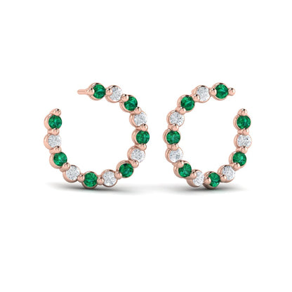 Forward-facing Diamond and Emerald  Open Hoop Earrings