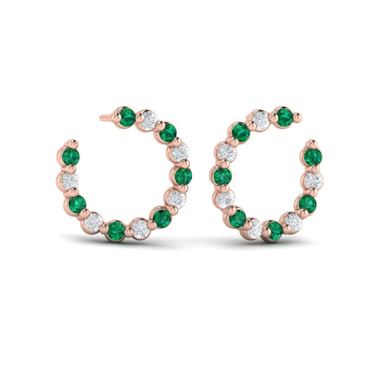 Forward-facing Diamond and Emerald  Open Hoop Earrings