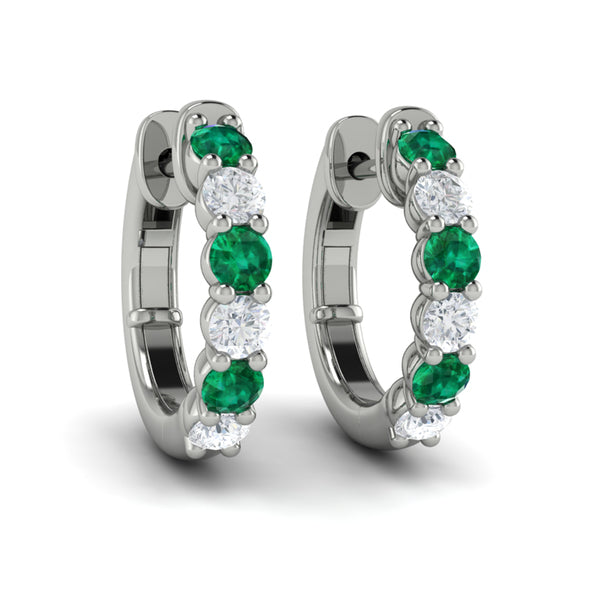 Forward-facing Diamond and Emerald  Open Hoop Earrings