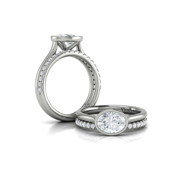Oval Solitaire, Bezel Engagement Ring in Platinum by Vlora Bridal