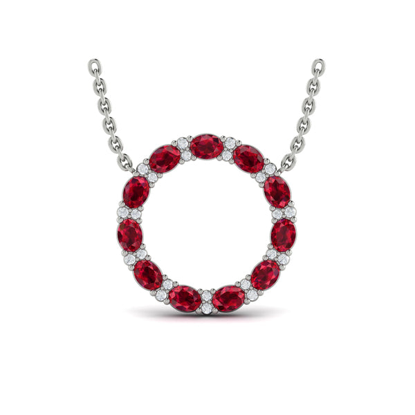 Oval Ruby and Diamond Open Circle Pendant Necklace