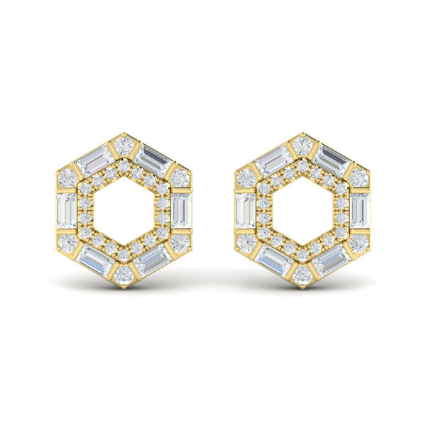 Diamond Baguette Double Row Open Honeycomb Stud Earrings