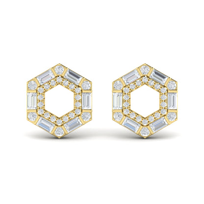 Diamond Baguette Double Row Open Honeycomb Stud Earrings