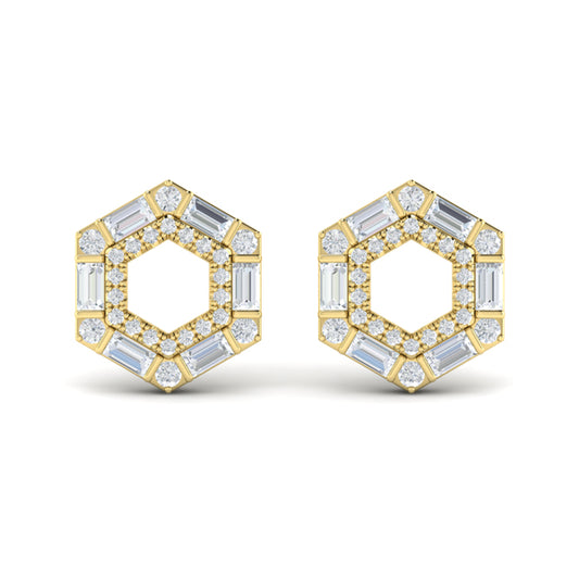 Diamond Baguette Double Row Open Honeycomb Stud Earrings