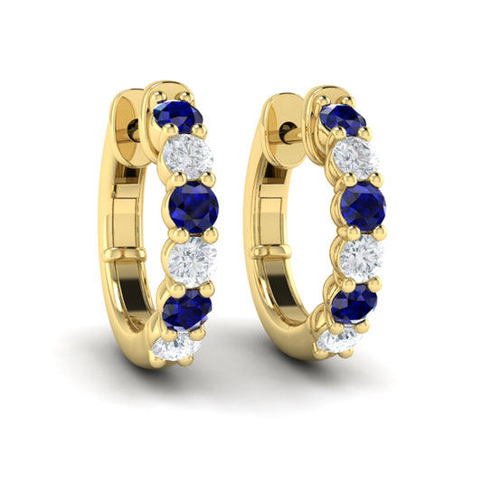 Forward-facing Diamond and Blue Sapphire  Open Hoop Earrings