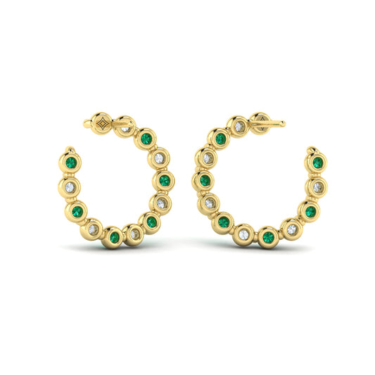 Forward-facing Diamond and Emerald  Open Hoop Earrings