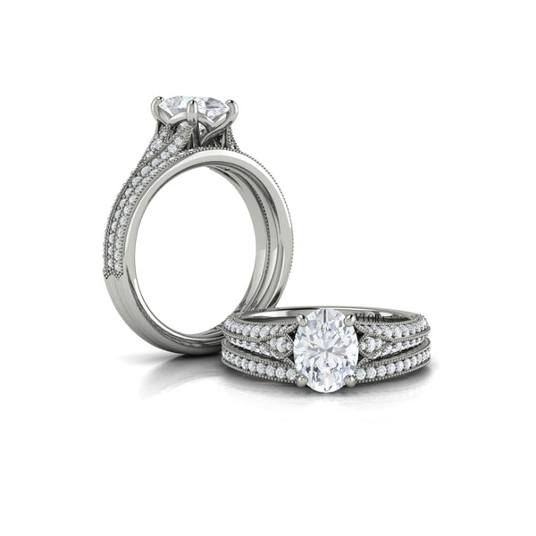 Oval Classic, Modern Vintage, Split Shank Engagement Ring in 14K White Gold by Vlora Bridal