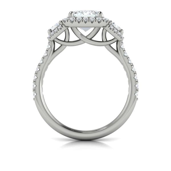 Emerald Cut Three Stone, Halo Engagement Ring in Platinum by Vlora Bridal