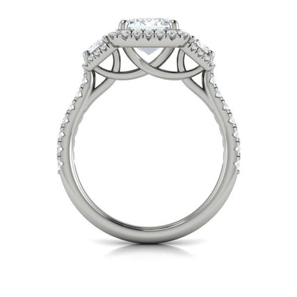 Emerald Cut Three Stone, Halo Engagement Ring in Platinum by Vlora Bridal