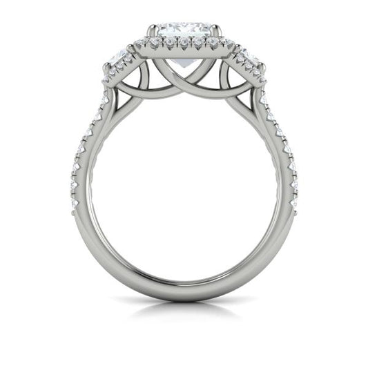 Emerald Cut Three Stone, Halo Engagement Ring in Platinum by Vlora Bridal