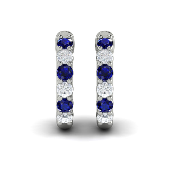 Forward-facing Diamond and Blue Sapphire  Open Hoop Earrings