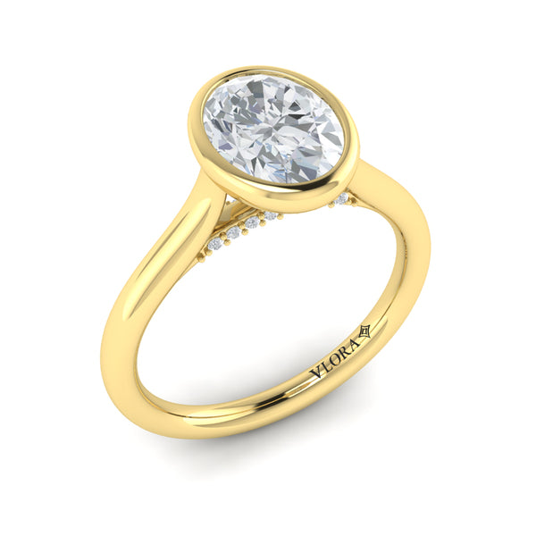 Oval Solitaire, Bezel Engagement Ring in 14K Yellow Gold by Vlora Bridal