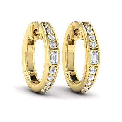 Bezel Set Emerald and Round Diamond Hoop Earrings