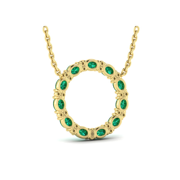 Oval Emerald and Diamond Open Circle Pendant Necklace