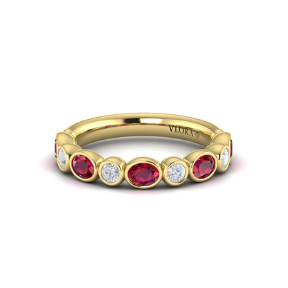Oval and Round Bezel Set Diamond and Ruby Ring
