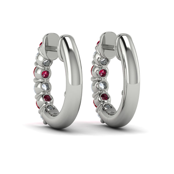 Forward-facing Diamond and Ruby  Open Hoop Earrings
