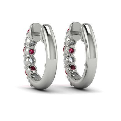 Forward-facing Diamond and Ruby  Open Hoop Earrings