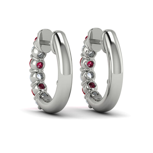 Forward-facing Diamond and Ruby  Open Hoop Earrings