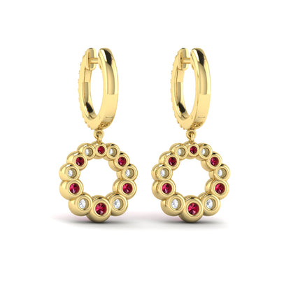 Round Bezel Set Diamond and Ruby Circle Drop Earring